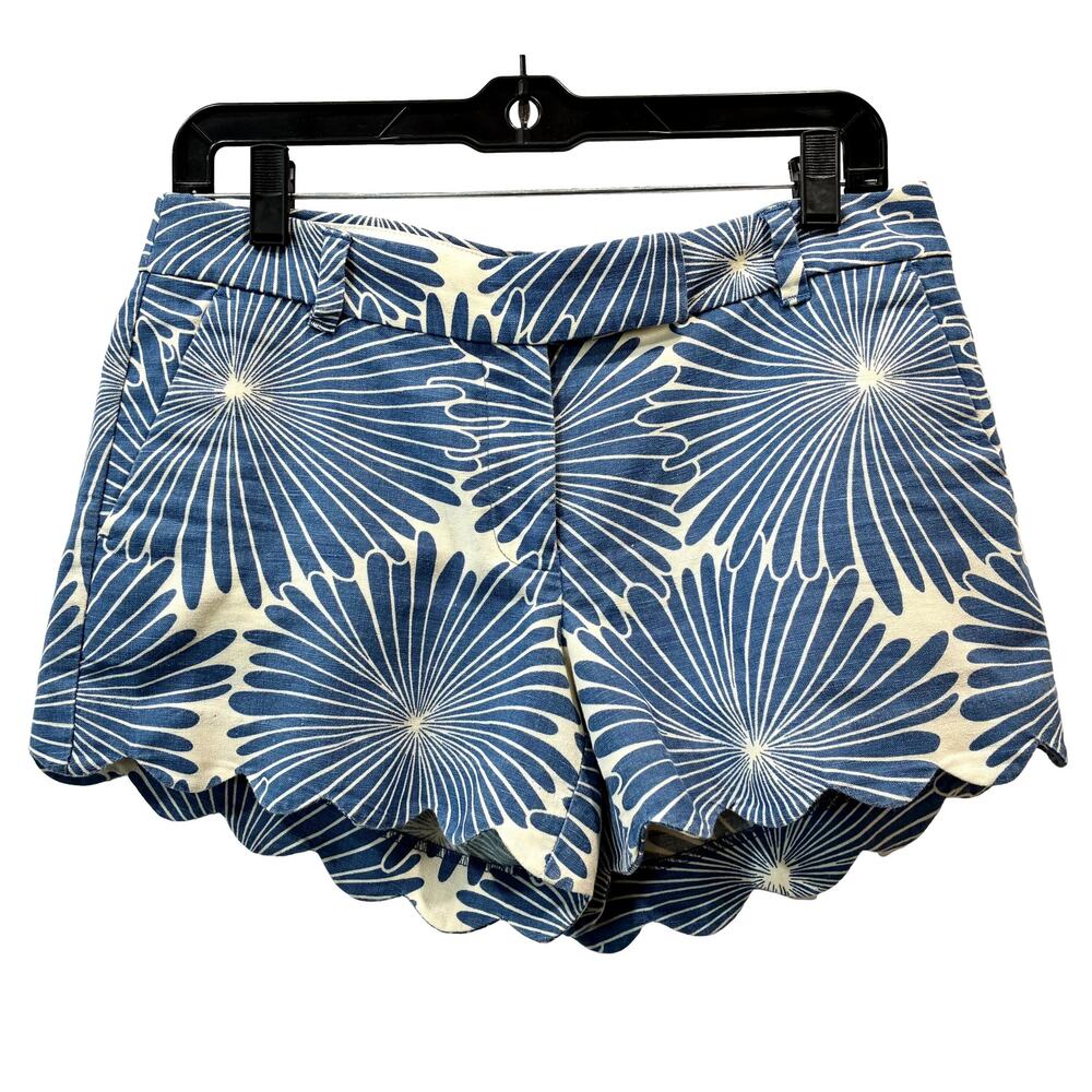 J. Crew Size 4 Women Blue Floral Scalloped Hem Shorts Linen Cotton
